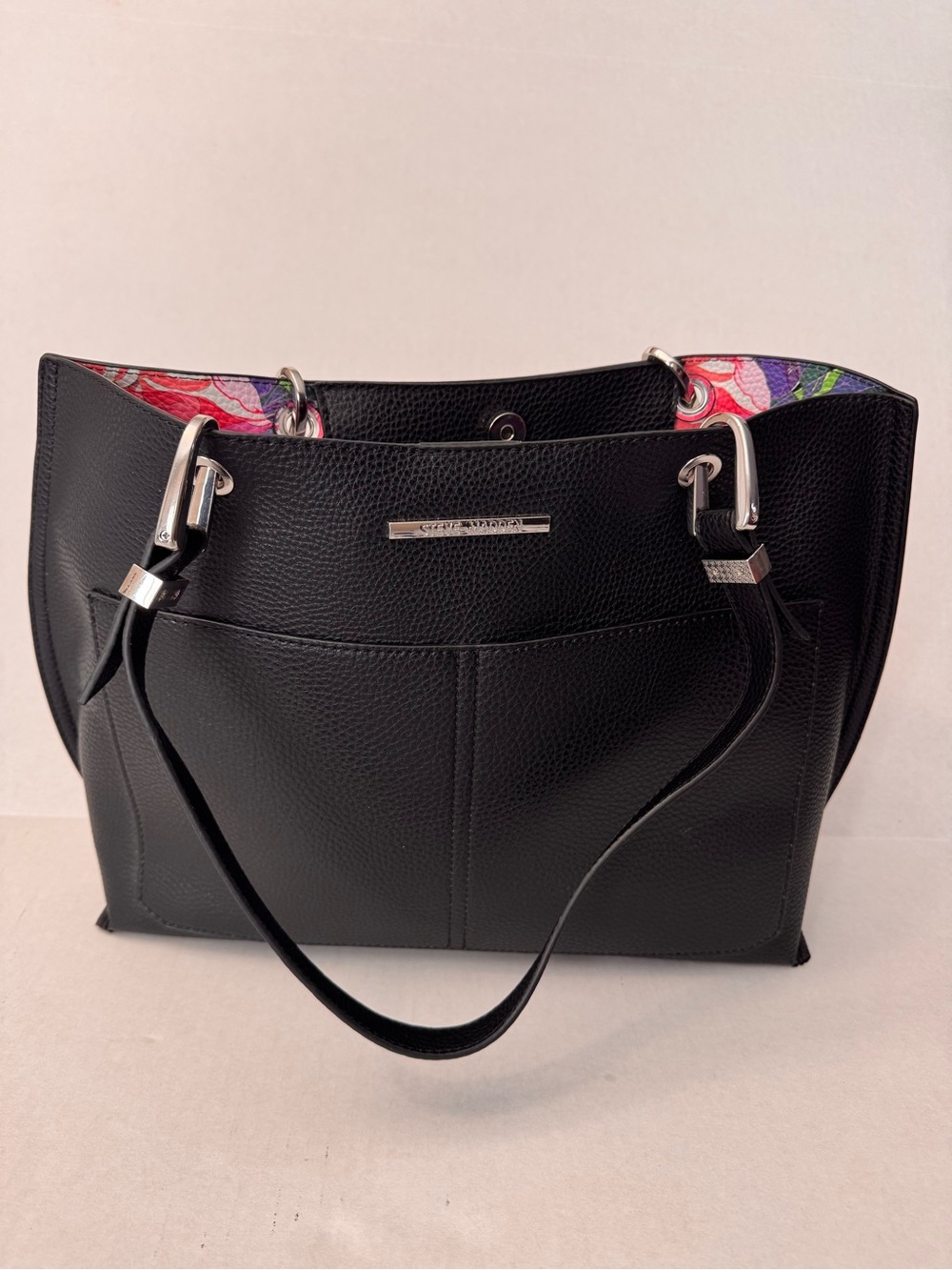 Steve Madden Black Pebbled Faux Leather Tote Purse Floral Print Interior